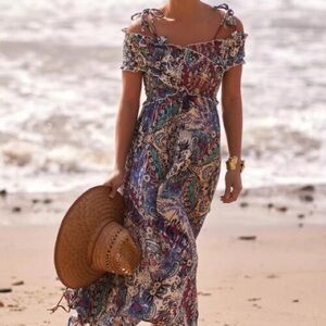 by ANTHROPOLOGIE Smocked Gauze Criss-Cross Maxi Off Shoulder Dress-XS-NWT